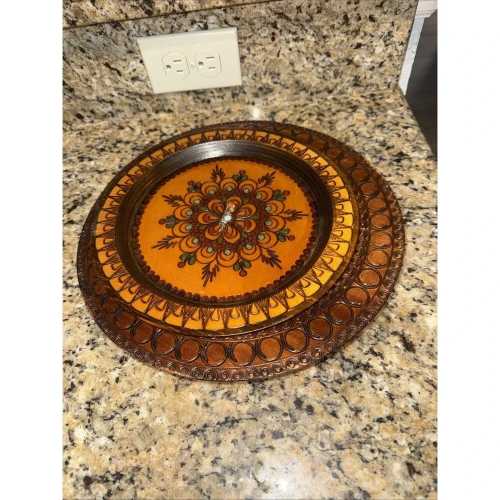 Vintage Hand Crafted Polish Folk Art Wood Plates Matching Set of 2